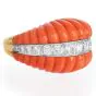 1970S Red Coral 18K Yellow Gold Dome Shape Diamond Cocktail Ring 