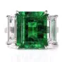 Three Stone Rectangular Emerald Diamond Platinum Ring 