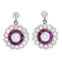 Estate Art Deco Diamond & Ruby Flower Halo Dangle Earrings in Platinum