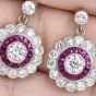 Estate Art Deco Diamond & Ruby Flower Halo Dangle Earrings in Platinum