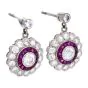Estate Art Deco Diamond & Ruby Flower Halo Dangle Earrings in Platinum