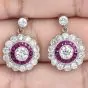 Estate Art Deco Diamond & Ruby Flower Halo Dangle Earrings in Platinum
