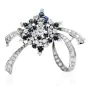 Vintage Diamond Blue Sapphire 18K White Gold Cluster Flower Ribbon Brooch Pin