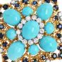 Vintage 1960s Turquoise, Diamond & Sapphire 18K Yellow Gold Brooch Pin 