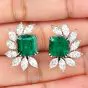 Estate Diamond Emerald Platinum Half Halo Clip-On Flower Earrings