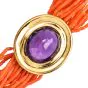 1970s Multi Strand Red Natural Coral Necklace with Jumbi Amytyst Clasp