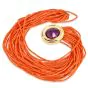 1970s Multi Strand Red Natural Coral Necklace with Jumbi Amytyst Clasp