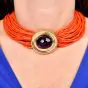 1970s Multi Strand Red Natural Coral Necklace with Jumbi Amytyst Clasp