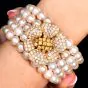 Diamond Flower 5Rows Pearl 18K Yellow Gold Cuff Bracelet |Dover Jewelry|