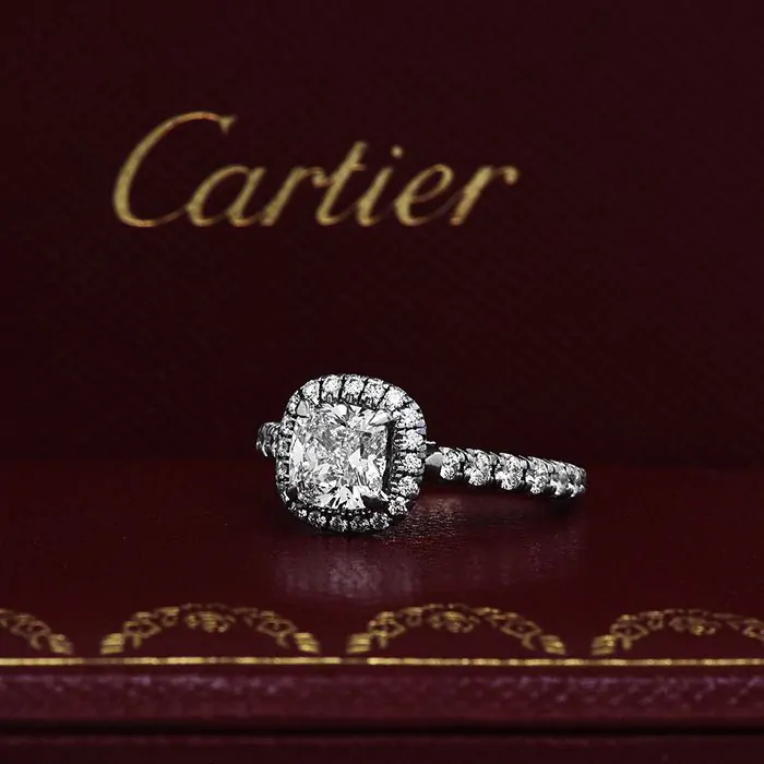 Cartier GIA Certified F VVS Cushion Diamond Platinum Halo Engagement Ring