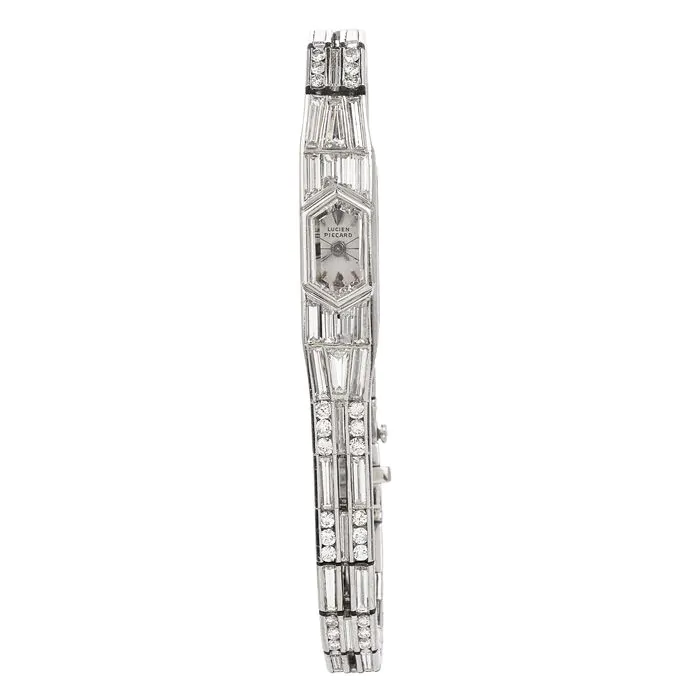 Vintage Lucien Piccard Diamond Platinum Baguette Tennis Link Stackable Cocktail Watch
