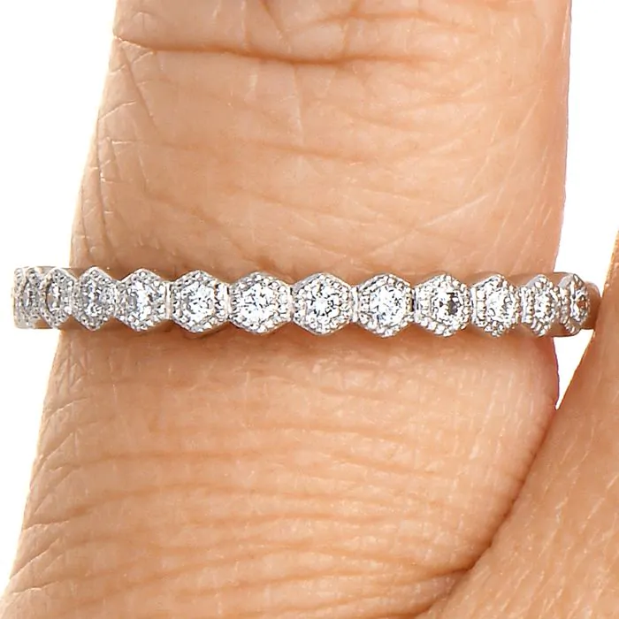 Estate Diamond White Gold Hexagon Stackable Wedding Band Ring