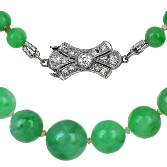 Vintage GIA Natural Color A Jade Bead Diamond Platinum Necklace