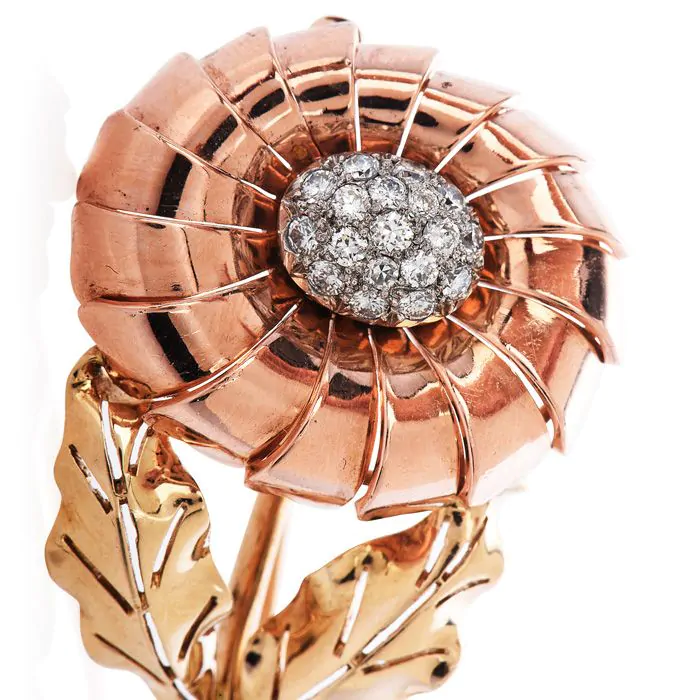 Cartier Vintage Diamond 14K Rose Gold Flower Brooch Pin