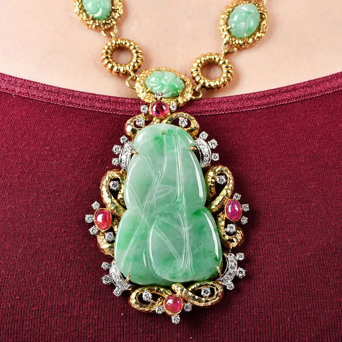 Vintage 1970s Diamond GIA Natural Ruby Jade Pendant Necklace