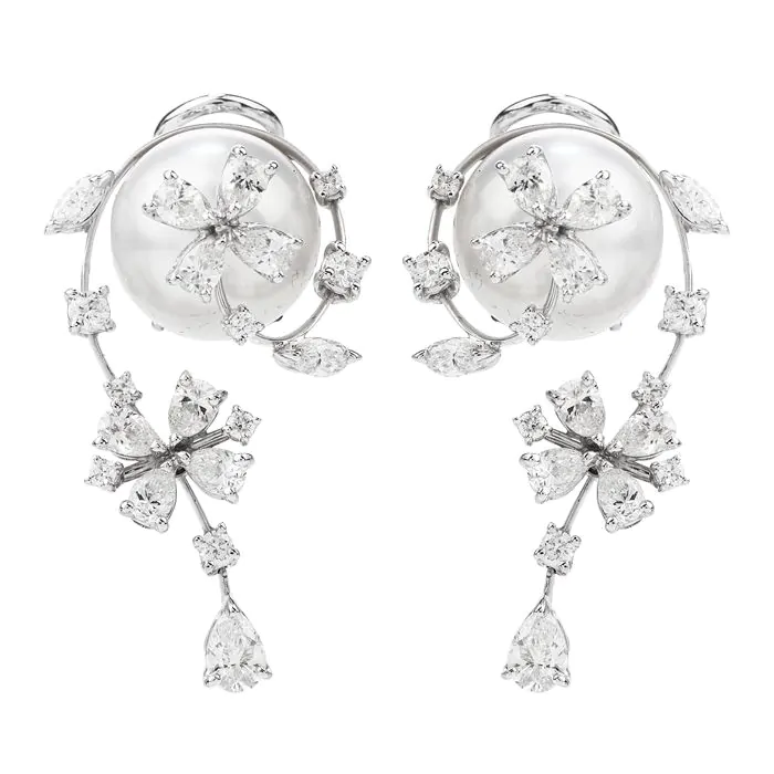 Stefan Hafner Diamond South Sea Pearl 18K Gold Floral Earrings