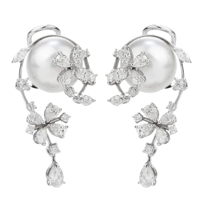Stefan Hafner Diamond South sea Pearl 18K Gold Floral Earrings