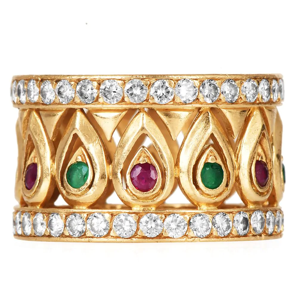 Vintage Cartier Tanjore Diamond Ruby Emerald 18K Ring