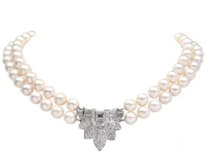 Vintage Double Strand Pearl Diamond Platinum Necklace