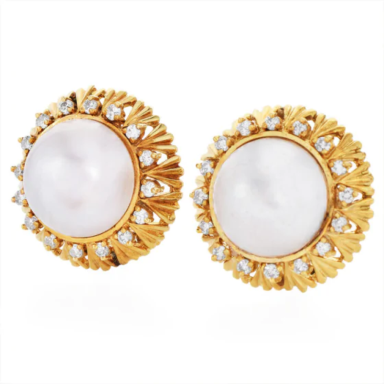 Estate Sunflower Diamond Pearl 18k Gold Clip-on Stud Earrings