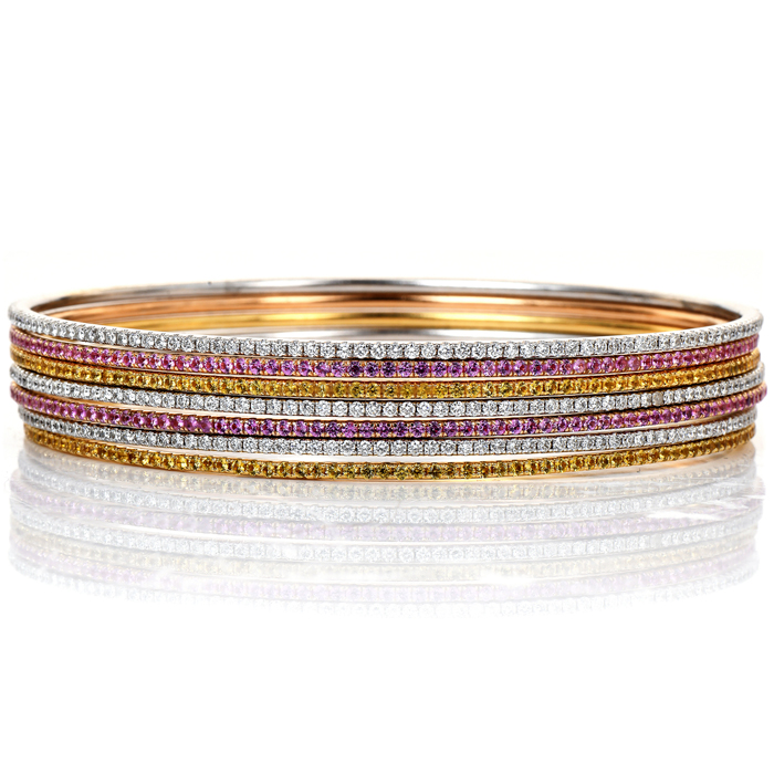 Estate Diamond Yellow Pink Sapphire 18K Tri-Color Gold 7 Days of The Week Stackable Bangle Bracelets