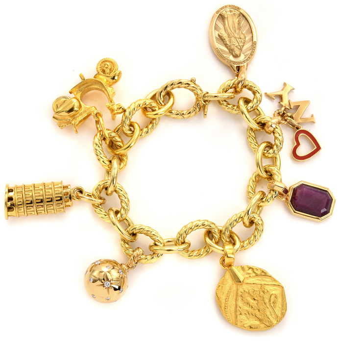 David Yurman Italian Diamond Ruby 18K Yellow Gold Link Charm Bracelet